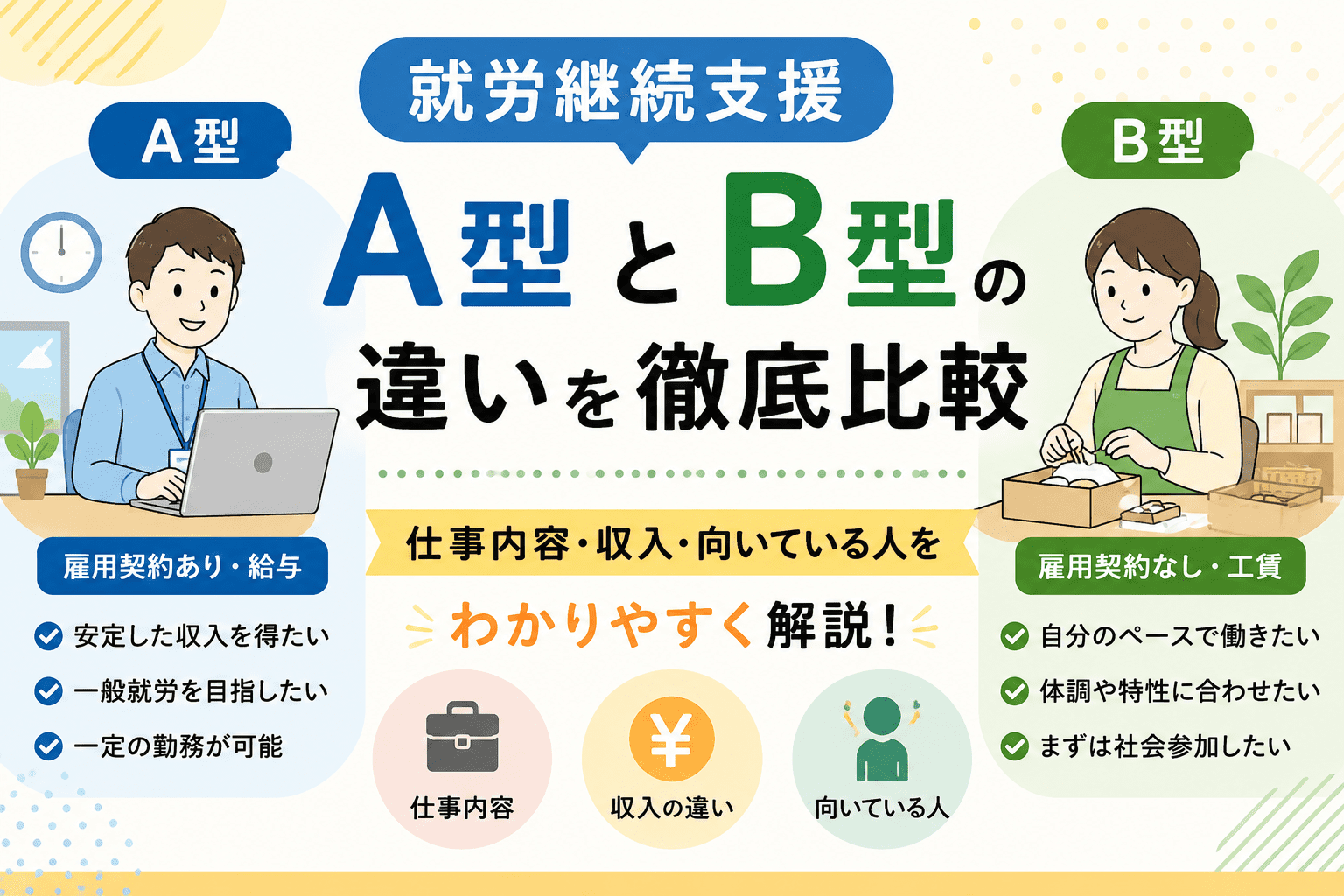 就労継続支援A型とB型の違いを徹底比較｜仕事内容・収入・向いている人をわかりやすく解説